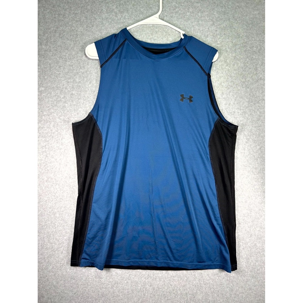 Under Armour Lrg Heatgear Rush 2.0 Compression Tank Top Men Blue Logo Activewear